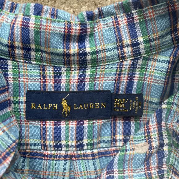 Ralph Lauren Button Down Shirt Mens 2XLT Plaid Blue Flesh Pony Preppy Casual - Picture 3 of 7